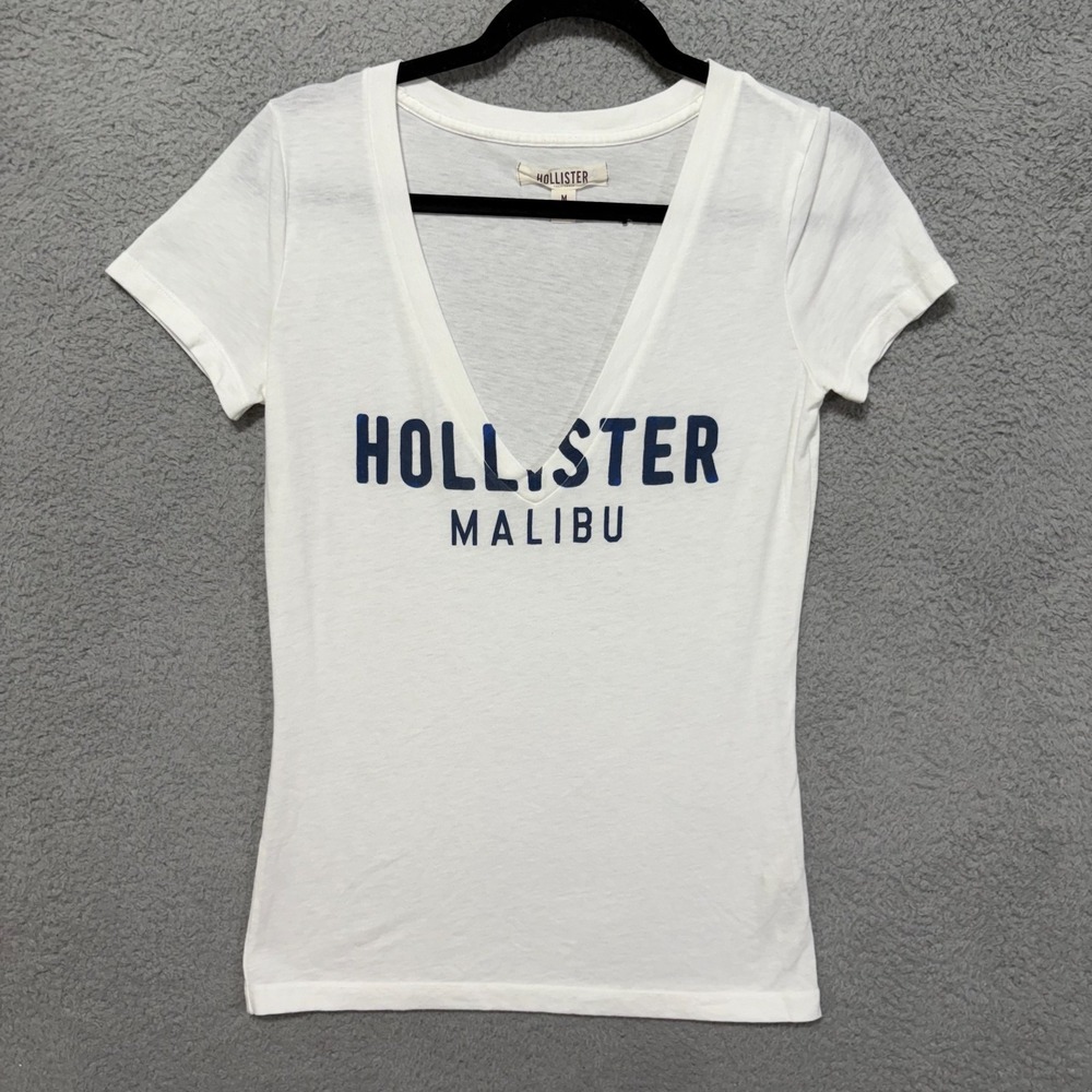 Hollister Womens Y2K Deep V Jersey Knit T Shirt Sz M Preppy California Surf 00s